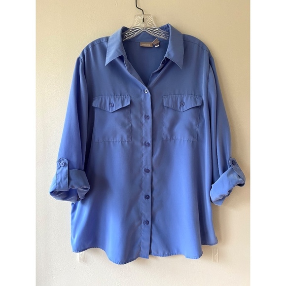 Chico's Tops - Chicos Purple Roll Tab Sleeve Stretch Blouse Shirt Top Chest Pockets Size L